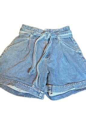 Dynamite Light Blue High-Waist Tie-Belt Denim Shorts